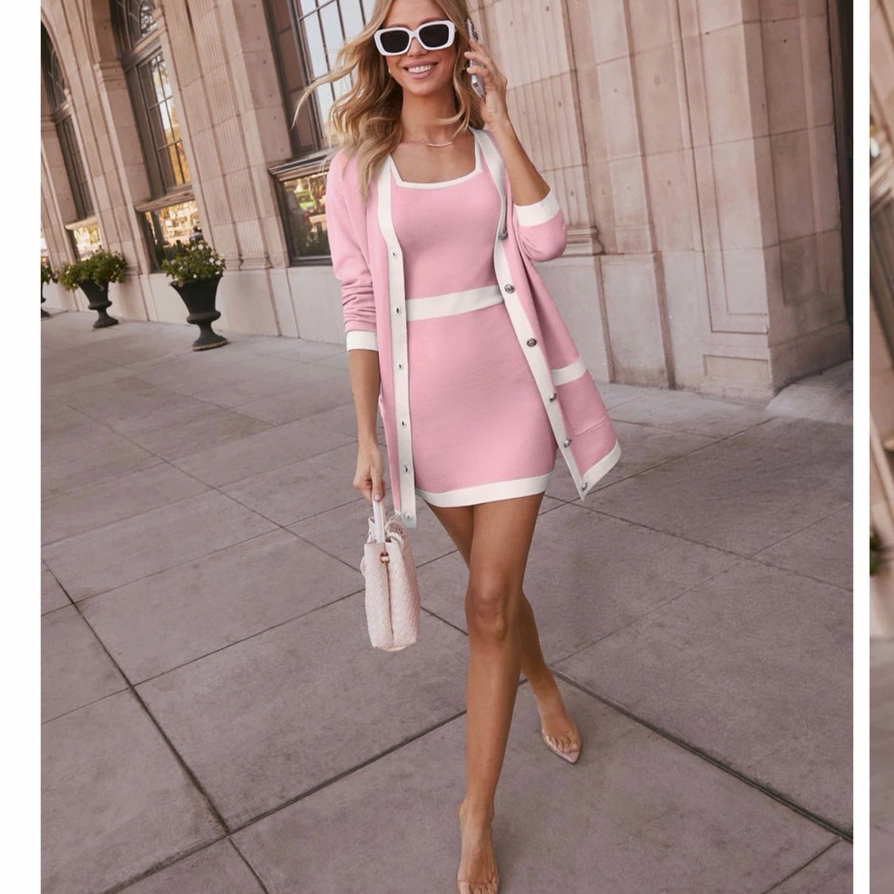 VICI Brand Cecily Pink and White Mini Dress with Matching Cardigan